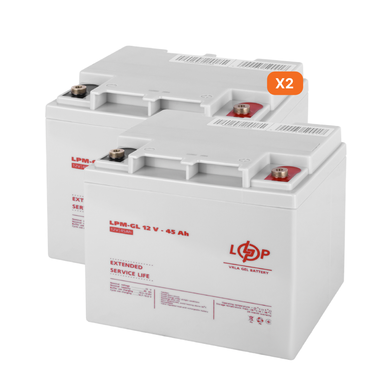 Комплект из двух аккумуляторных гелевых батарей для ИБП 12V 90Ah (45Ah + 45Ah) 1080Wh